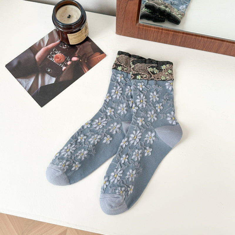 Vintage Floral Embossed Cotton Crew Socks 6W8FSO737