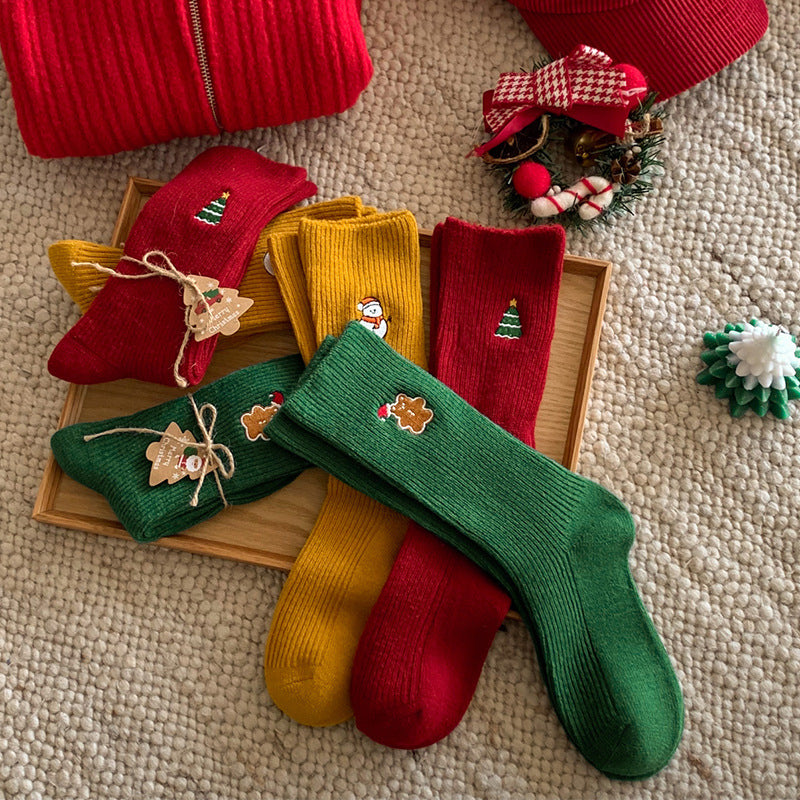 Ribbed Embroidered Christmas Cotton Socks 6W8FSO913
