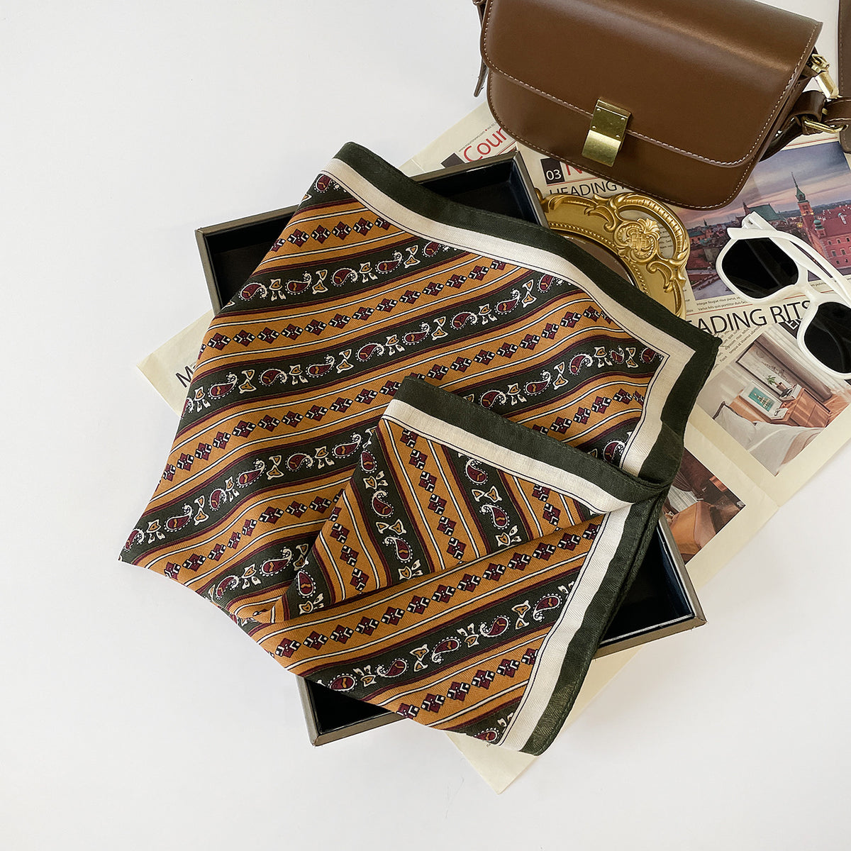 Trendy Striped Paisley Print Headscarf Silk Scarf 6W6NSC231