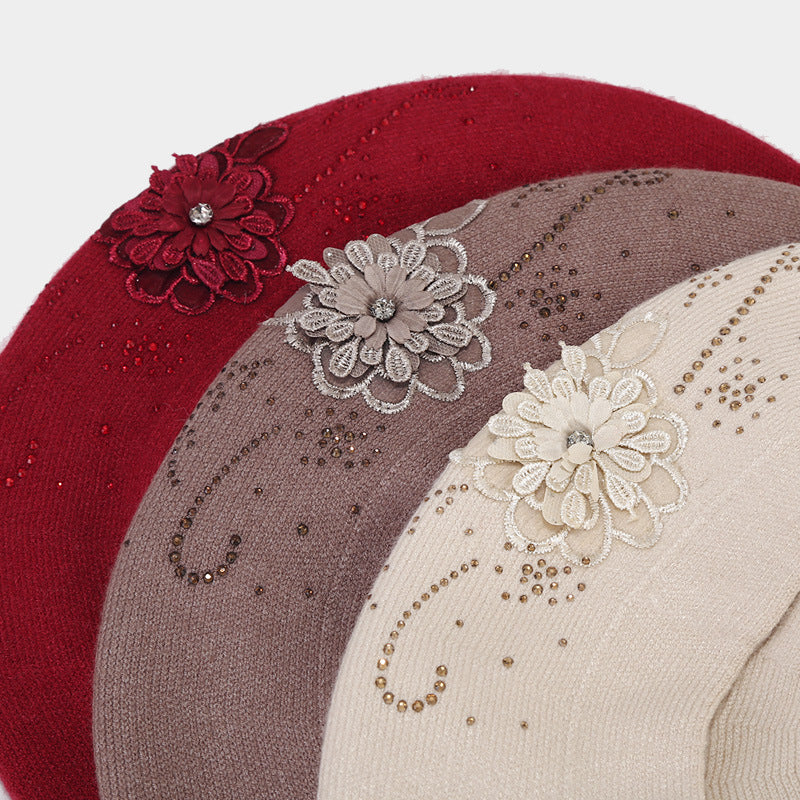 Vintage Rhinestone Floral Embroidery Knit Beret Hat 6W6HAT523