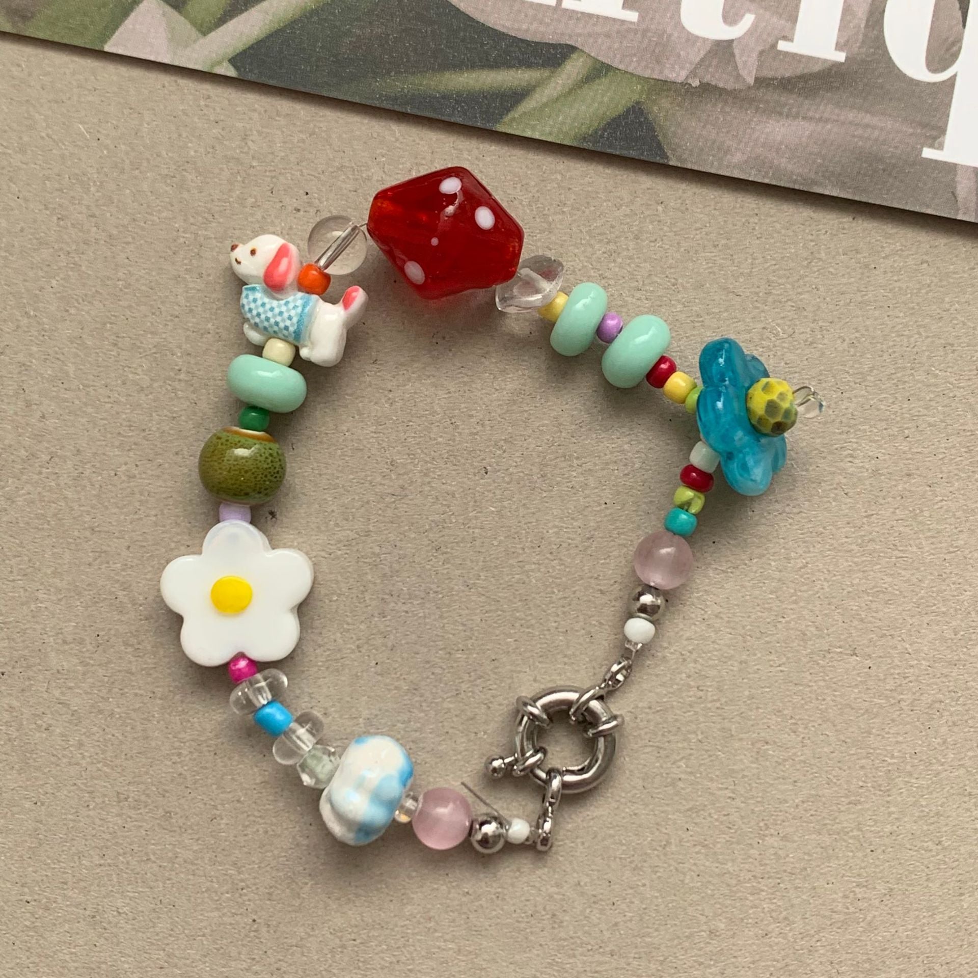 Fashion Color Contrast Bead Flower Charm Bracelet 6W6JBR378
