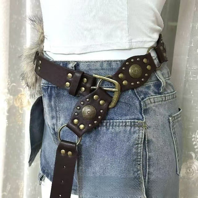 Punk Style Fur Studded Wide Leather Belt 6W6JBT207