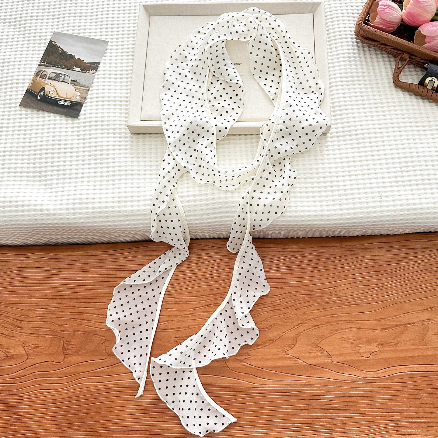 Minimalist Polka Dots Ruffled Edges Silk Scarf MK2BLW6W6NSI68