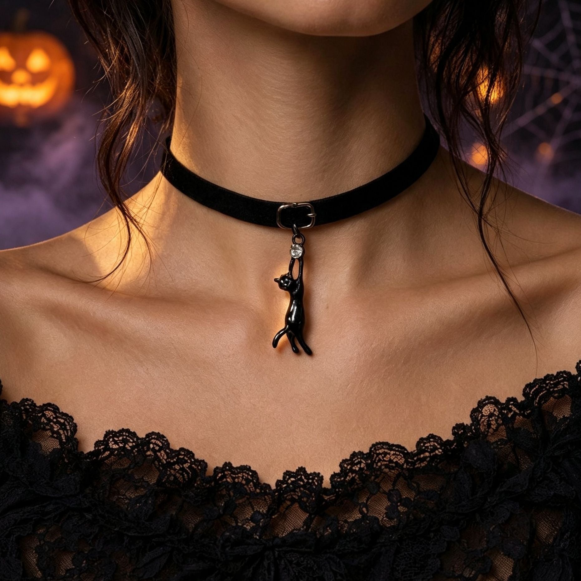 Gothic Style Rhinestone Cat Pendant Choker Necklace 6W6JNC611