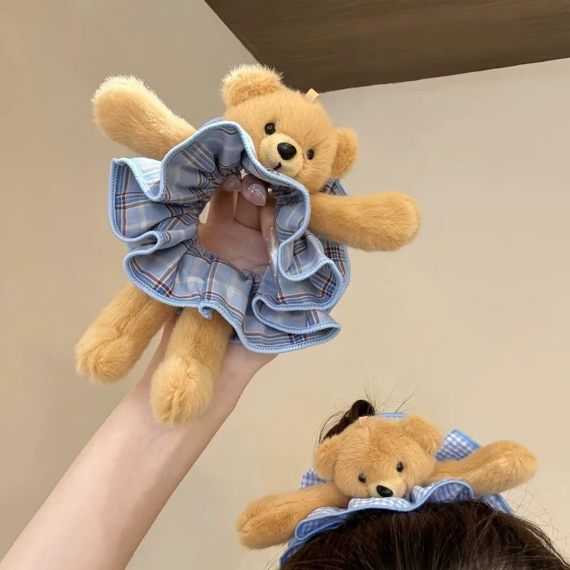 Cute Plush Bear Plaid Print Scrunchies 6W6HSR509