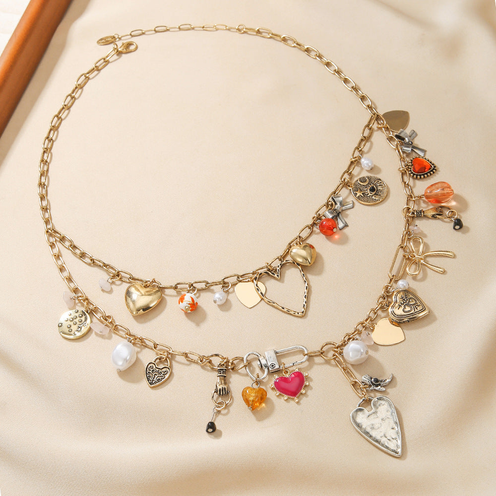 Boho-Style Double Layer Heart Pendant Necklace 6W6JNC619