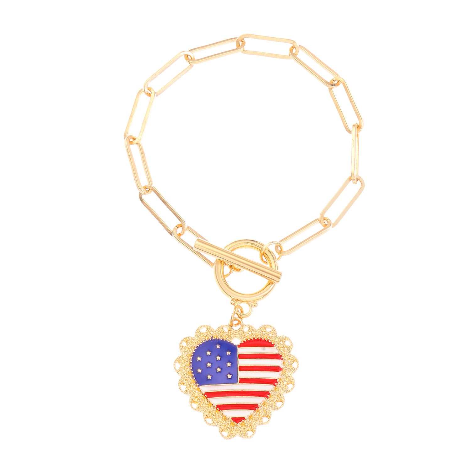 Vintage Gold Plated American Flag Pendants Chain Bracelet 8ZA6JBR130T