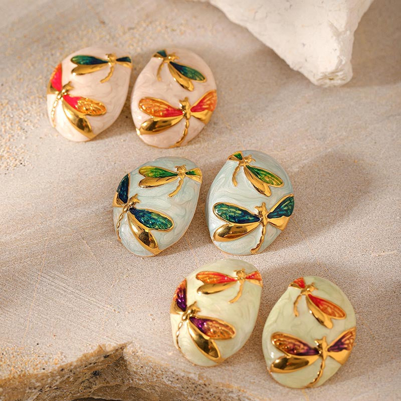 Asymmetrical Oval Enamel Dragonfly Stud Earring DP25F791