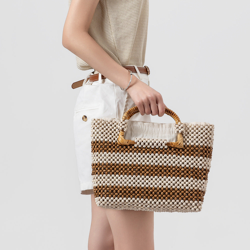 Retro Wood Bead Large Capacity Woven Tote Bag 6W10BBG1411