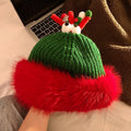 Fuzzy Plush Reindeer Antler Christmas Knitted Beanie 6W6HAT833