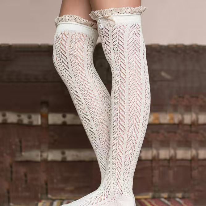 Sweet Lace Trim Button Knee High Socks 6W8FSO760