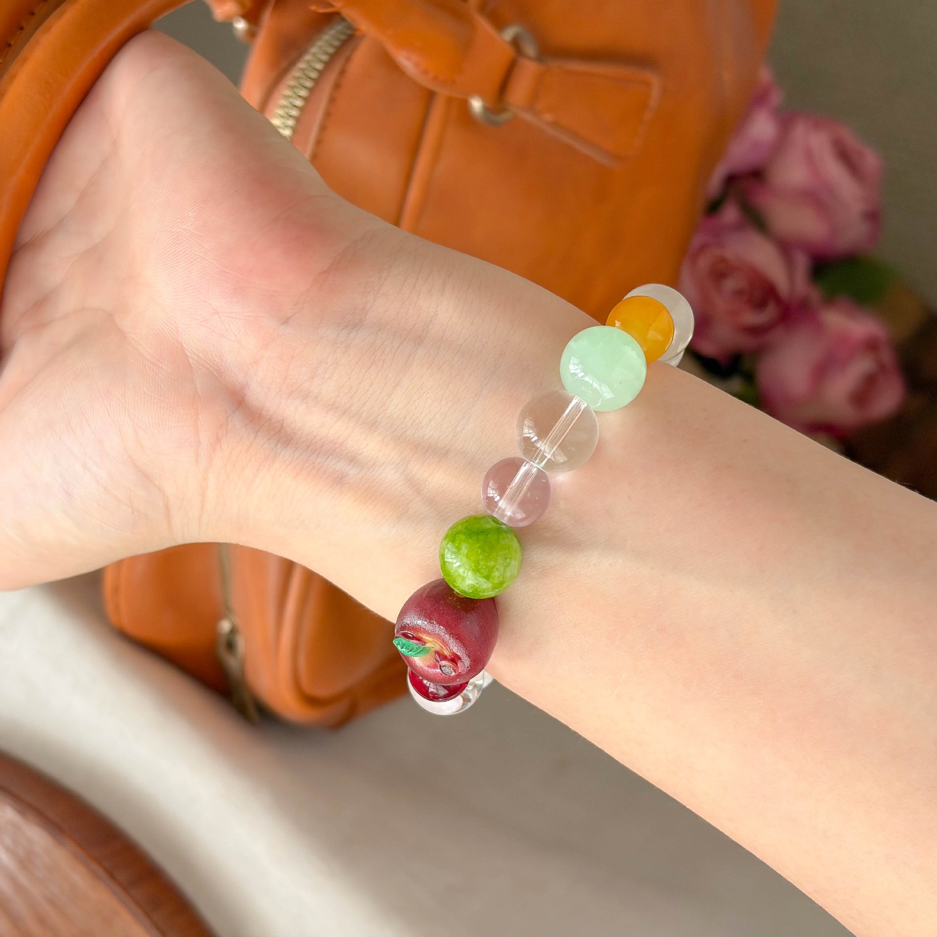 Cute Apple Charm Round Beaded Chain Bracelet 6W6JBR371