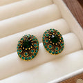 Vintage Oval Green Rhinestone Stud Earrings 6W6JER708