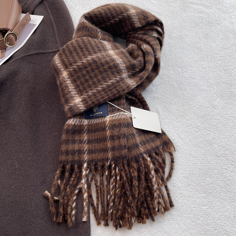 Vintage Plaid Wool Blend Knit Tassel Scarf 6W6NSC67