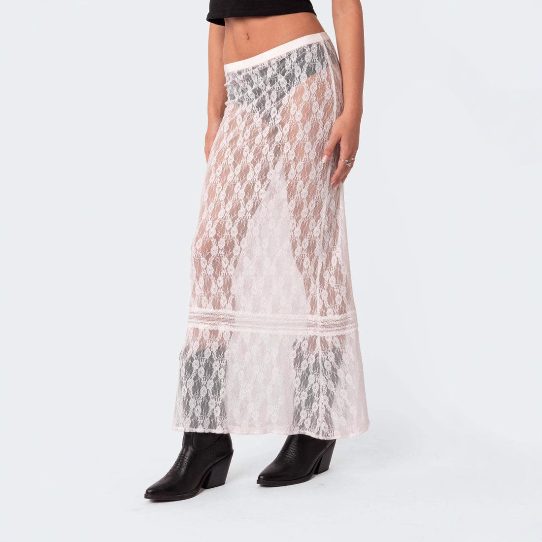 Trendy Sheer Lace Hollow-Out Maxi Skirt DP25C514