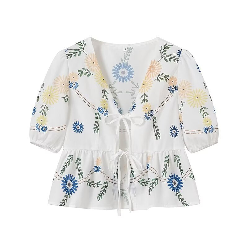 Trendy Flower Printed Tie Front Crop Top DP25D403