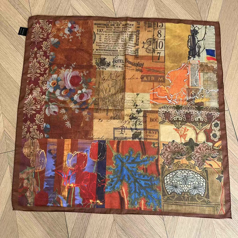 Vintage Collage Print Silk Square Scarf DP25G461
