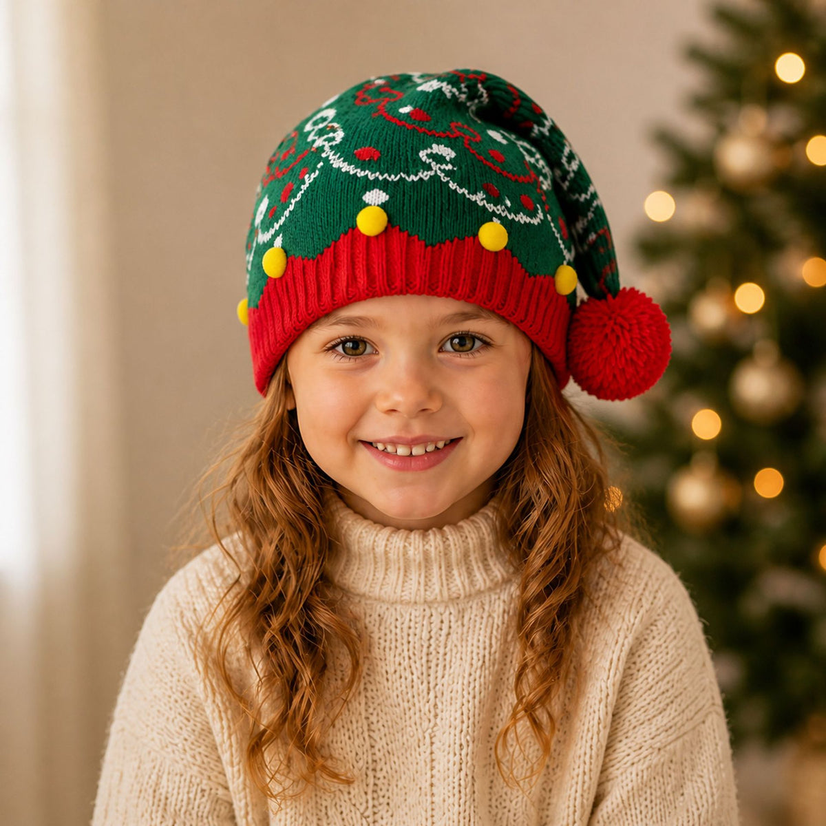Christmas Tree Plush Ball Knit Beanie Hat 6W6HAT836