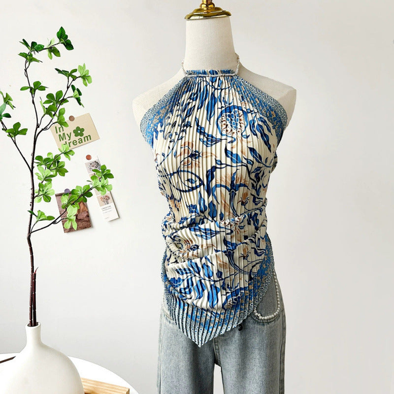 Painting Pleated Beads Scarf Halter Camisole MK2BW6W6NSI23