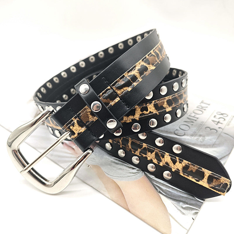 Leopard Stud Punk Simple Leather Belt DPWB0330