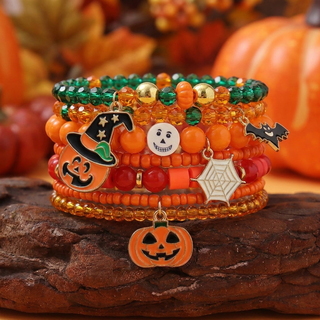 Playful Halloween Pumpkin Spider Beaded Bracelet 6W6JBR450