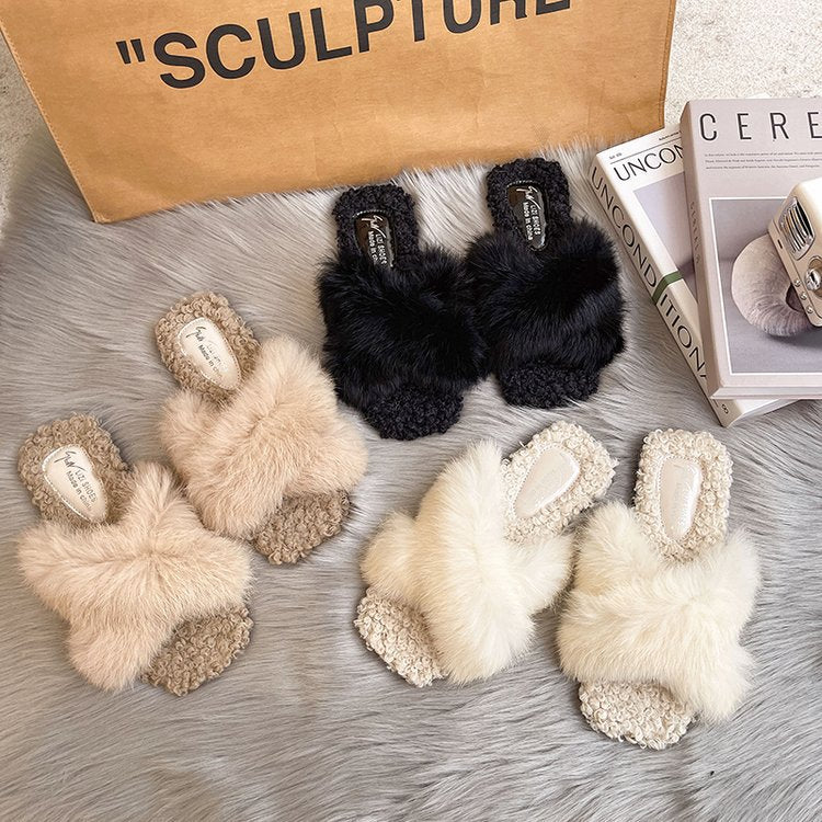 Simple Open Toe Cross Faux Fur Warm Slippers DP25G468