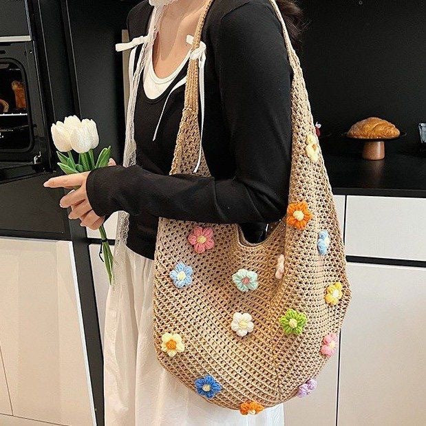 French Floral Large Capacity Knit Shoulder Bag 6W10BBG1762