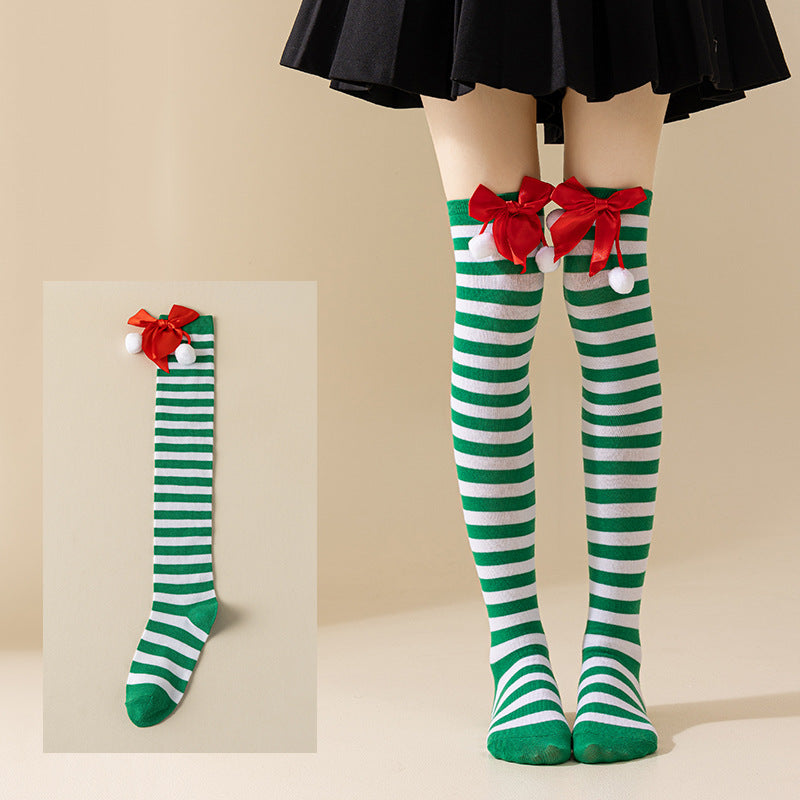 Christmas Bow Pom Pom Thigh High Socks 6W8FSO914