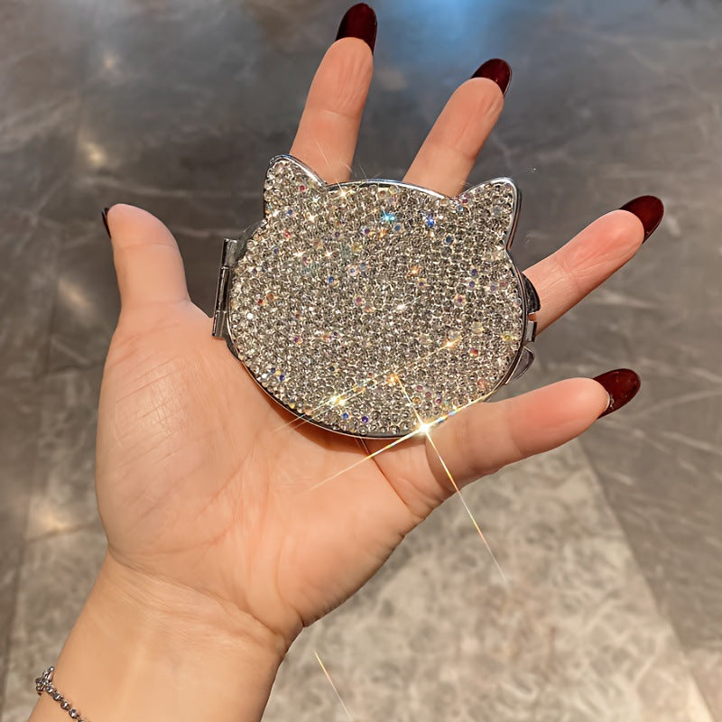 Cute Cat Shape Rhinestone Portable Foldable Mirror 6C5MR106
