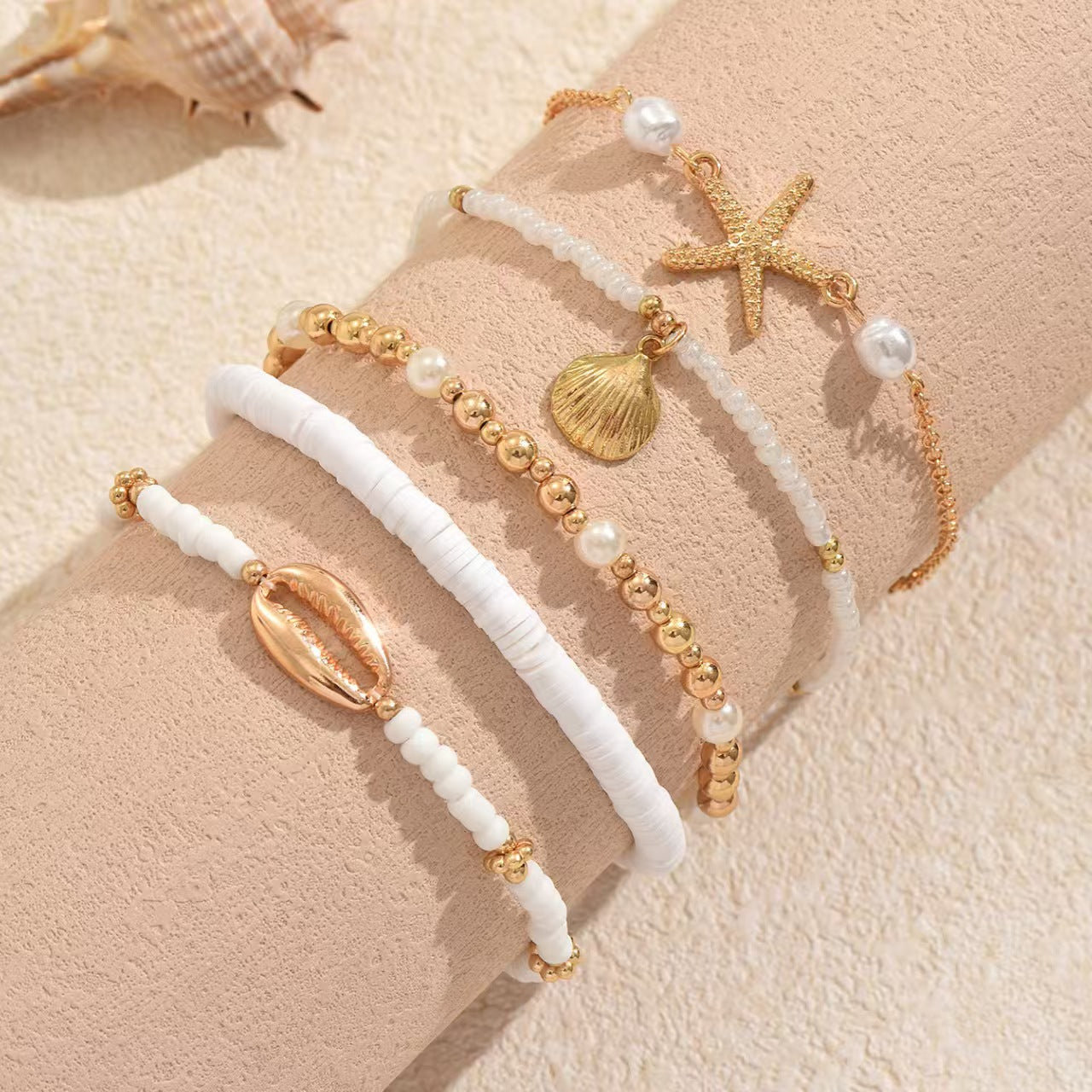 Stylish Pearl Bead Chain Shell Pendant Anklet 8ZA6JAB40L