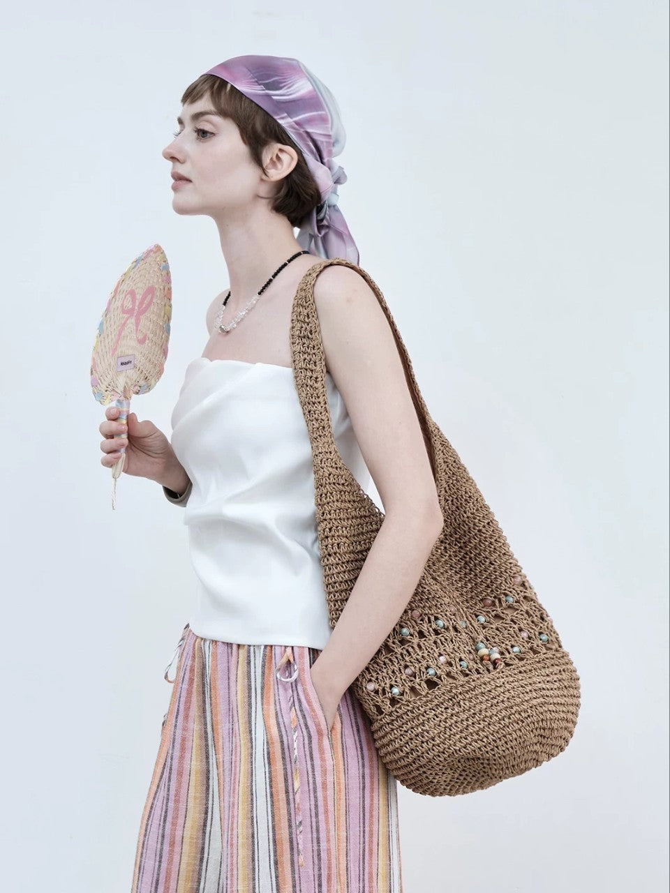 Boho-Style Hollow Straw Woven Beaded Shoulder Bag MK2BK6W10BBG14