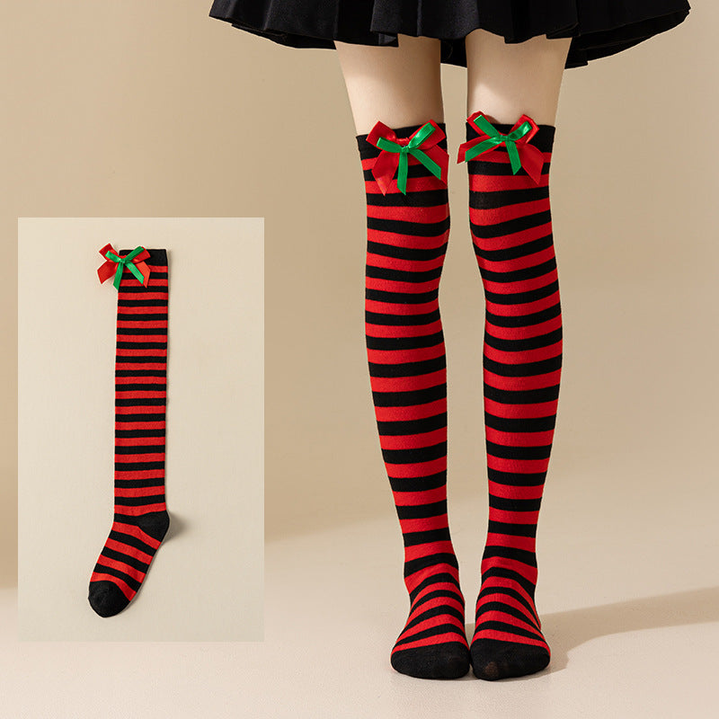 Christmas Bow Pom Pom Thigh High Socks 6W8FSO914