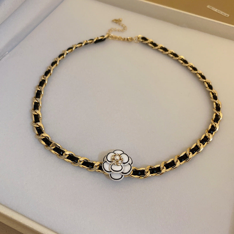 Elegant Camellia Pendant Pearl Chain Choker Necklace 6W6JNC905