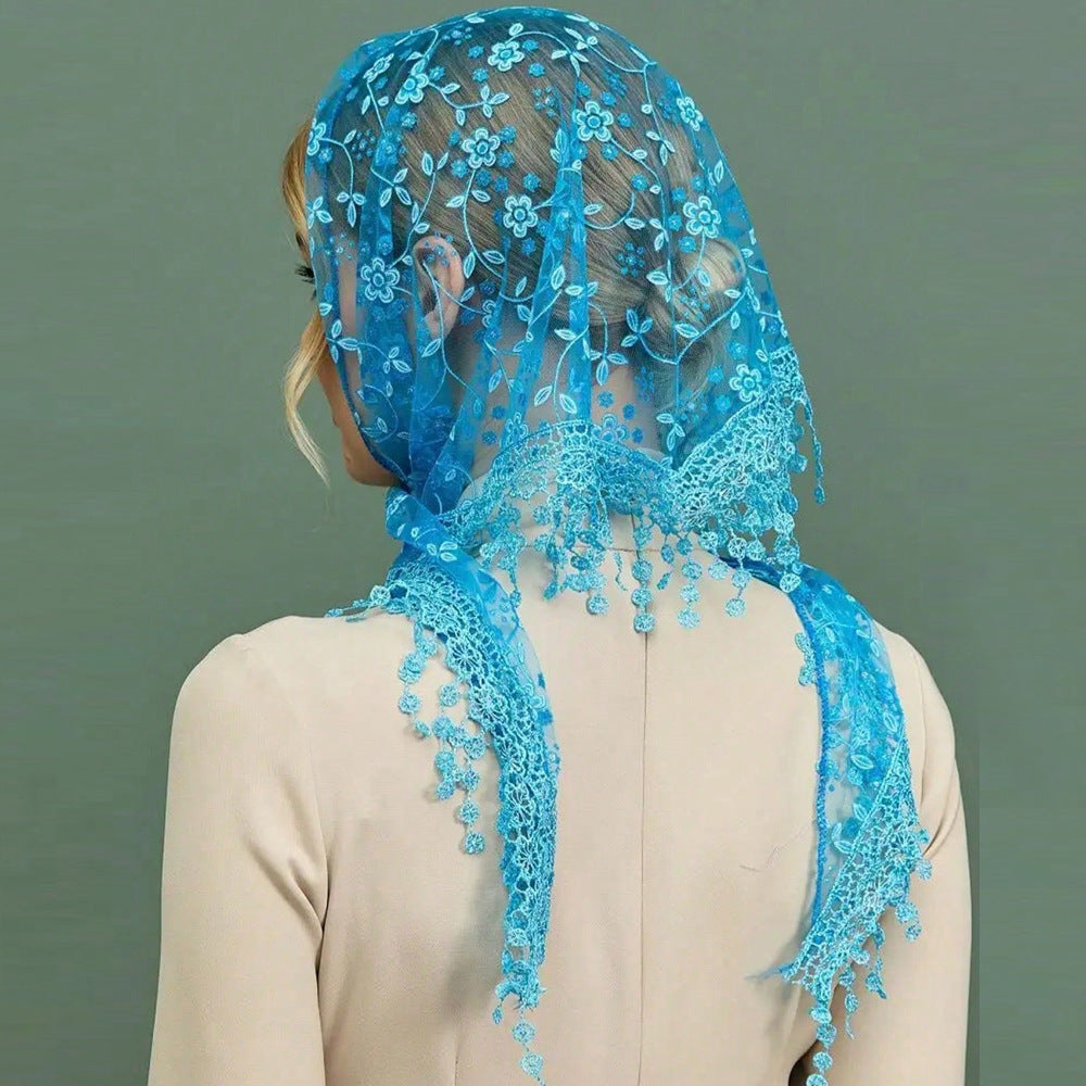 Solid Color Floral Lace Triangle Veil Head Scarf MK2BK6W6HHS23