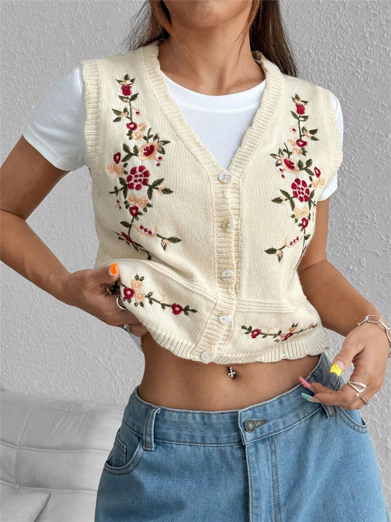 Floral Embroidery V-Neck Knit Sweater Vest DP25G980