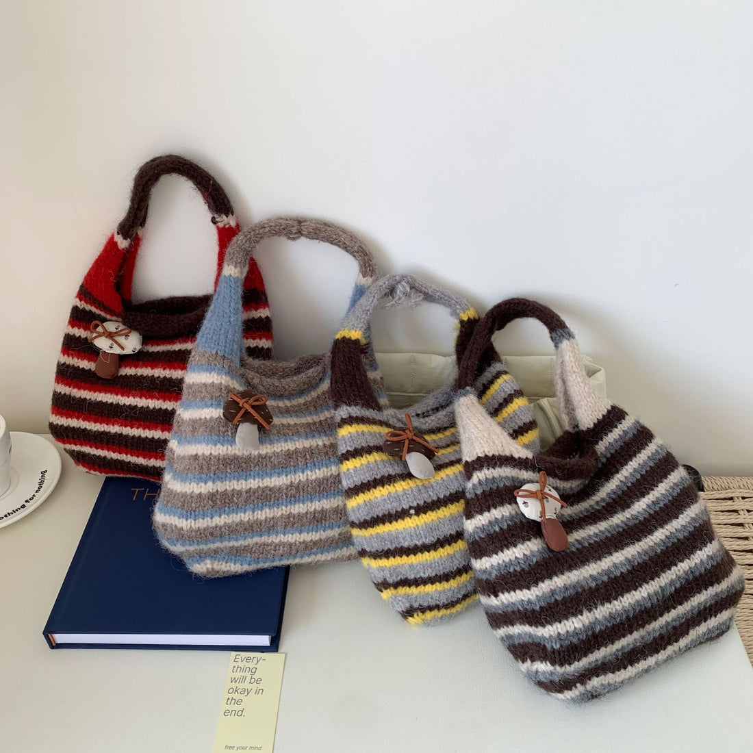 Vintage Color Block Striped Soft Knit Handbag DP25H589