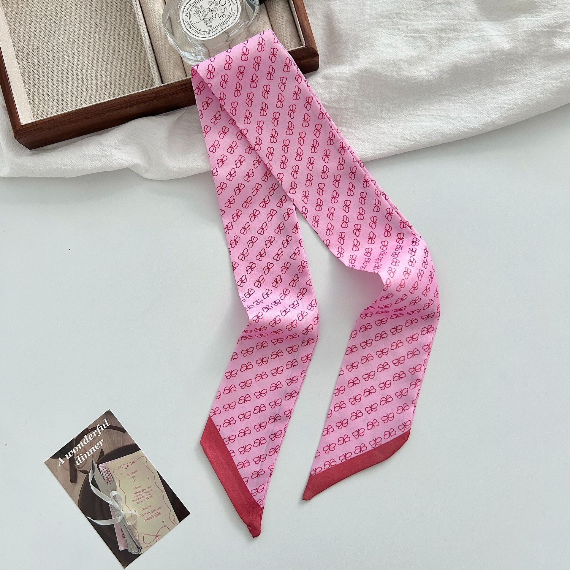 Cute Bowknot Print Narrow Silk Scarf MK2BLW6W6NSI65