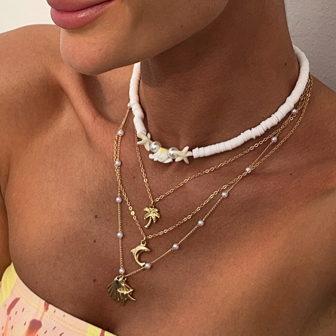 Colorful Polymer Bead Scallop Layered Chain Necklace DP25D775