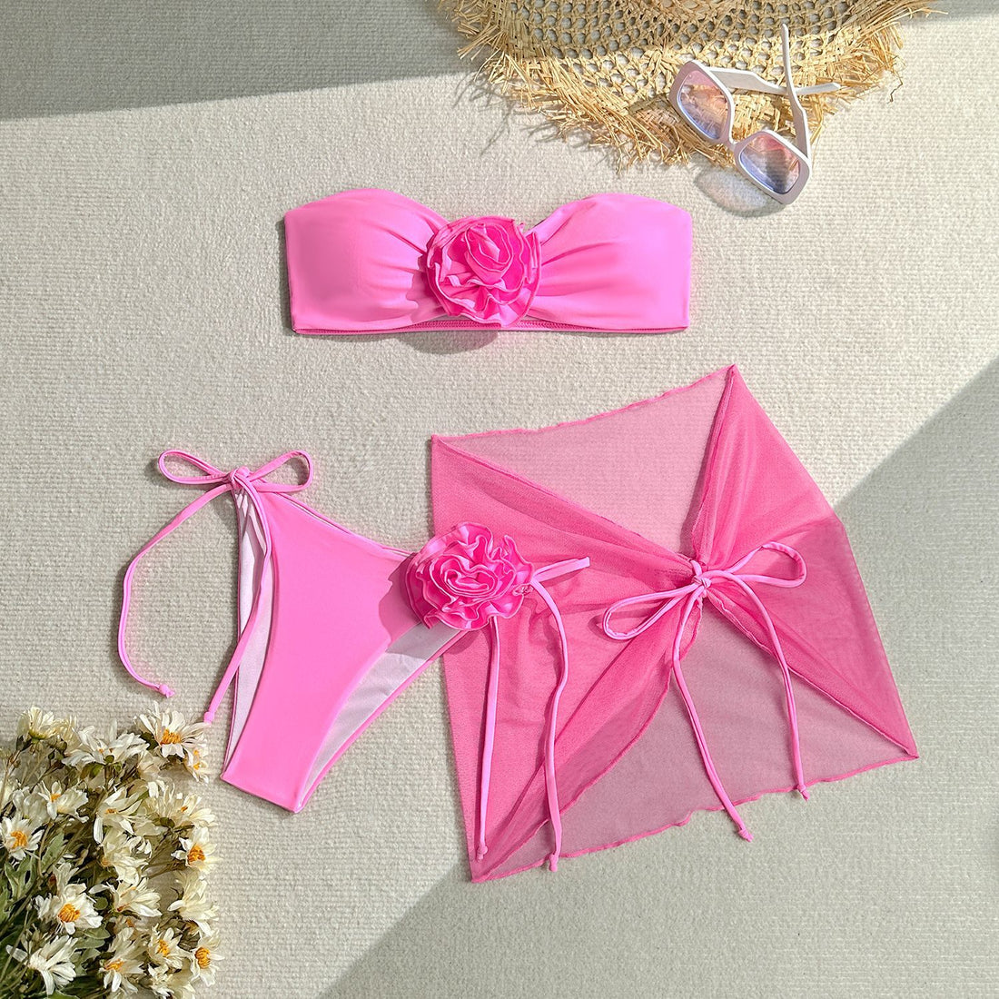 3-Piece Sexy 3D Floral Bandeau Bikini Set DP25C559