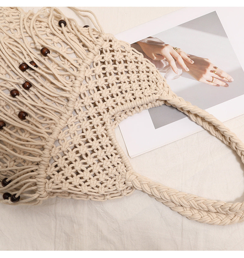 Trendy Wooden Beaded Tassel Hollow Shoulder Bag 8BW6BBG437L