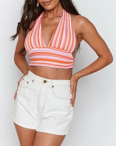 Rainbow Striped Backless V-Neck Halter Top DP25B898