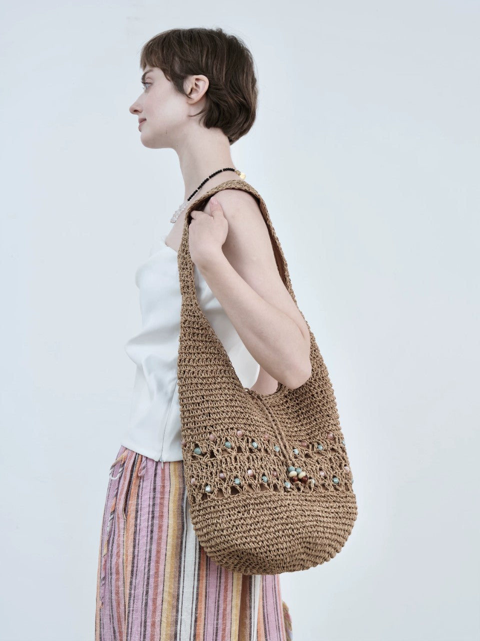 Boho-Style Hollow Straw Woven Beaded Shoulder Bag MK2BK6W10BBG14