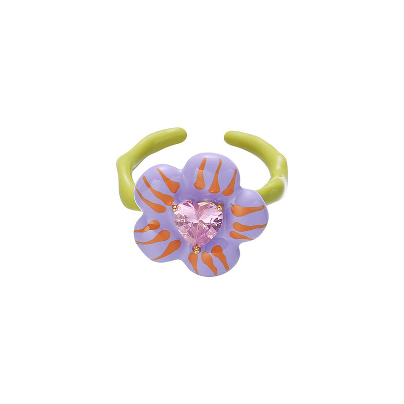 Sweet 3D Floral Heart Zircon Open Ring 6W6JRG250