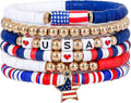 USA Flag Heart Pendant Beaded Chain Bracelet 8ZA6JBR306L