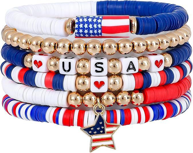 USA Flag Heart Pendant Beaded Chain Bracelet 8ZA6JBR306L
