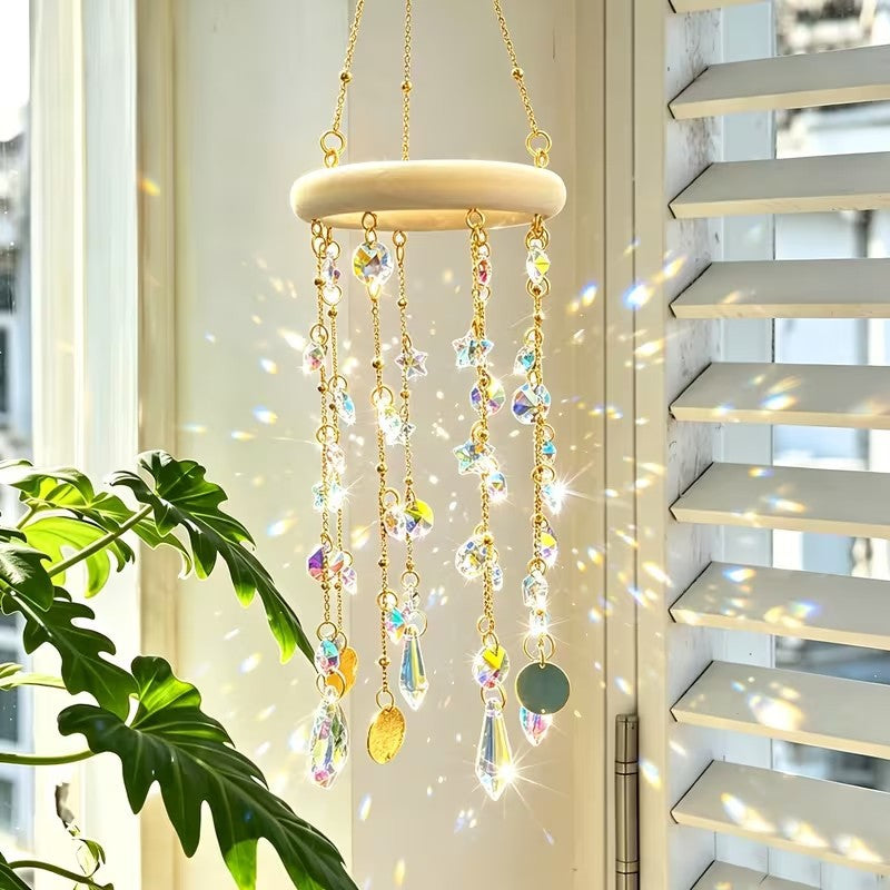 Iridescent Crystal Star Moon Tassel Suncatcher Wind Chime 6H7HLS217