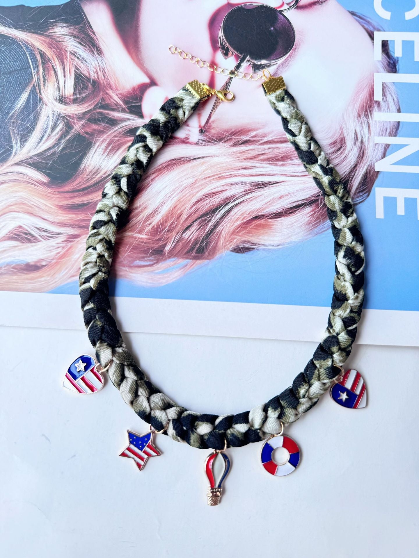 Hand Woven USA Flag Umbrella Pendant Choker Necklace 8ZA6JNC287T