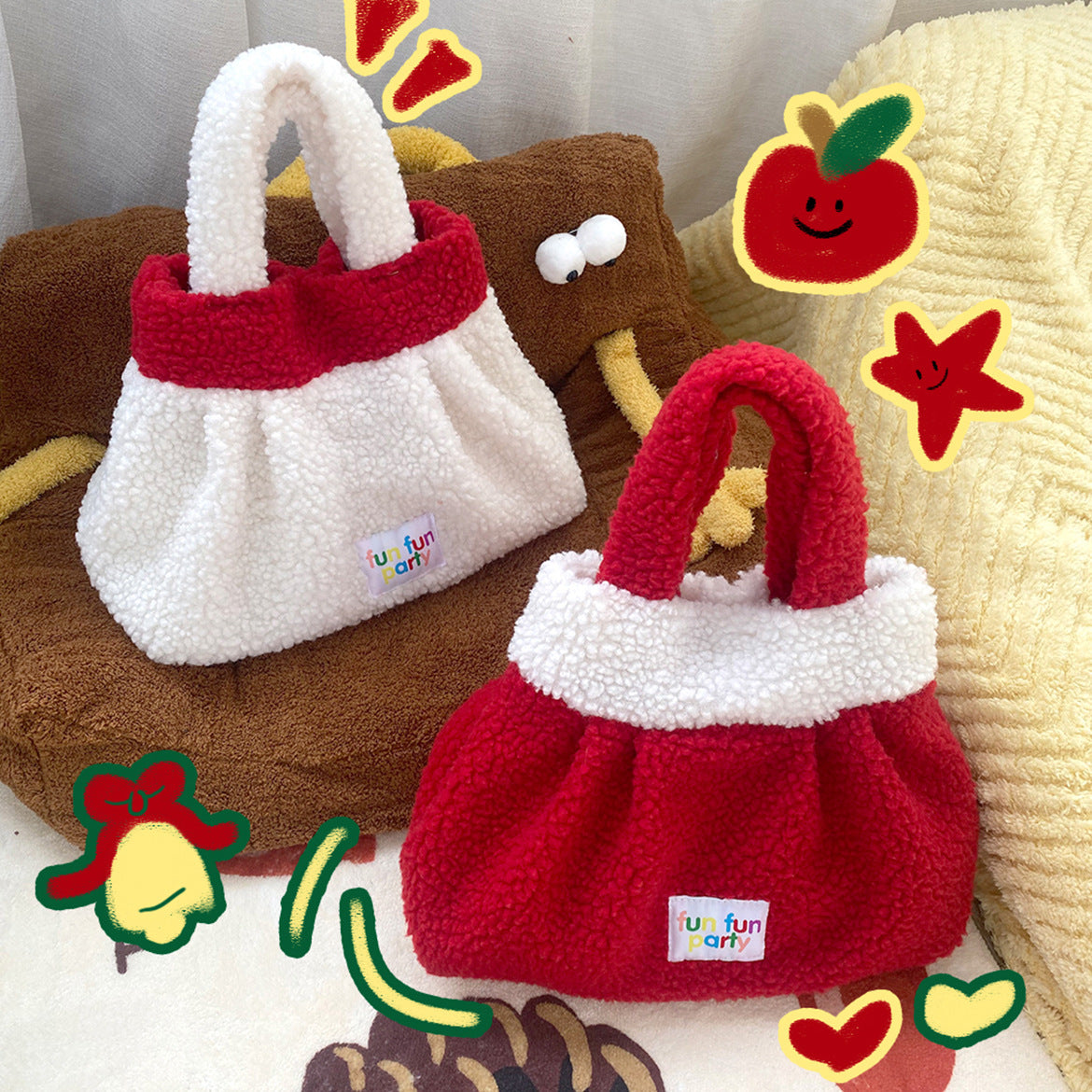 Cute Red Plush Fuzzy Christmas Tote Handbag 6W10BOB1346