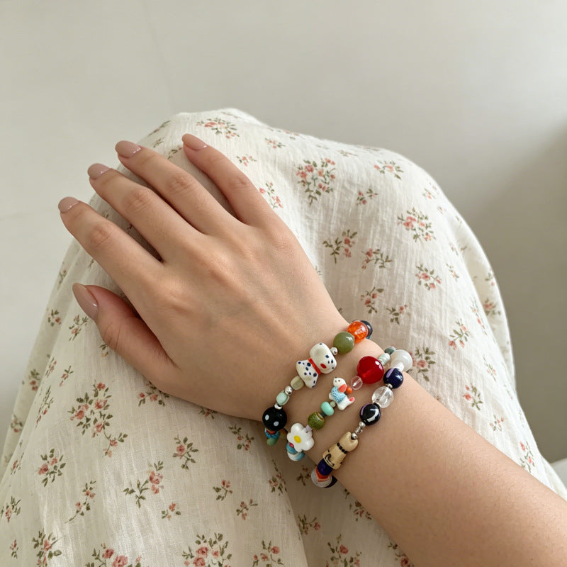 Fashion Color Contrast Bead Flower Charm Bracelet 6W6JBR378