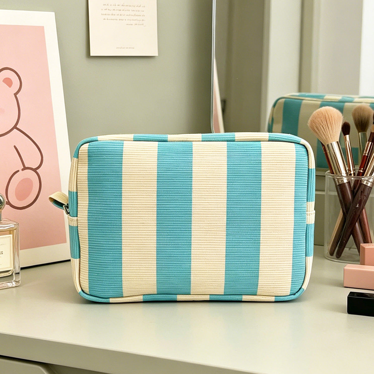 Simple Color Block Striped Corduroy Cosmetic Bag 6S5CO105
